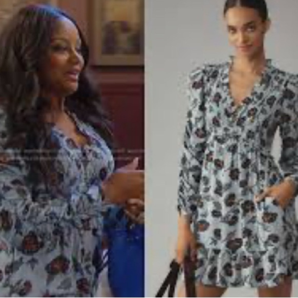 Anthropologie Blue Floral Smocked Mini Dress, Size L Worn on TV - Picture 2 of 16